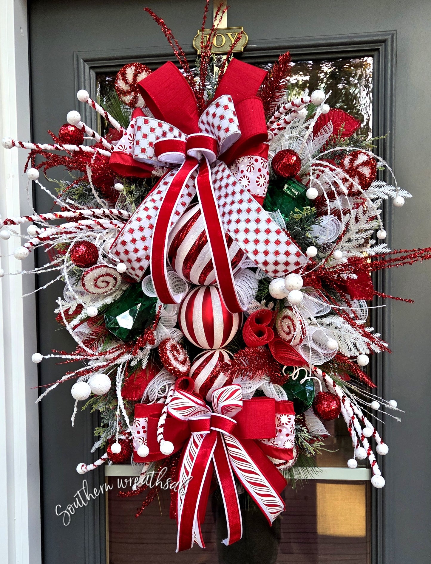 Red & White Peppermint Christmas Finial Front Door Wreath