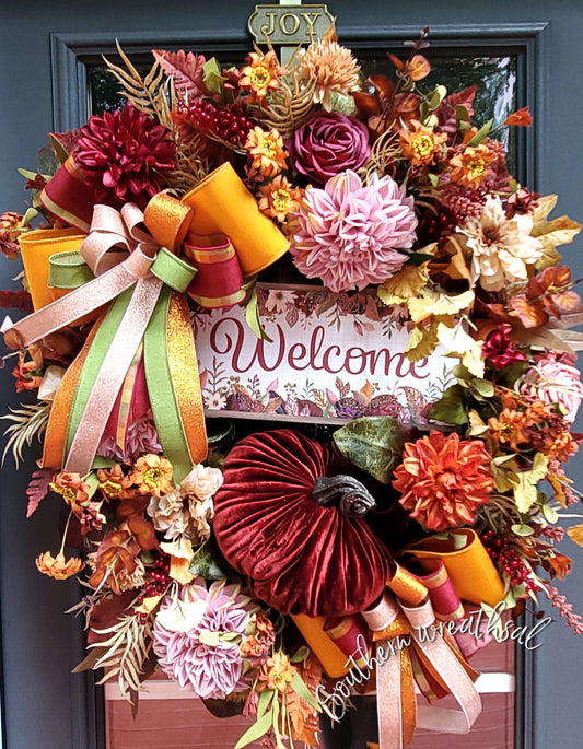Autumn’s Velvet Welcome – Deluxe Burgundy & Orange Fall Floral Door Wreath