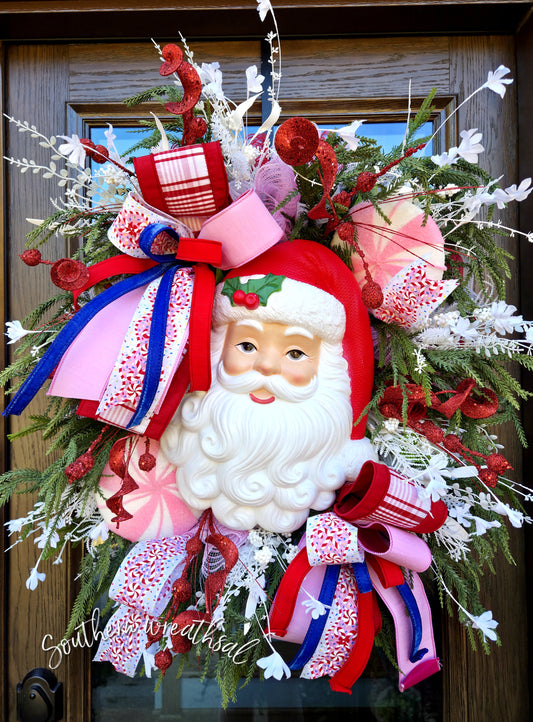 Whimsical Christmas Red & Pink Vintage Light-Up Santa Door Wreath