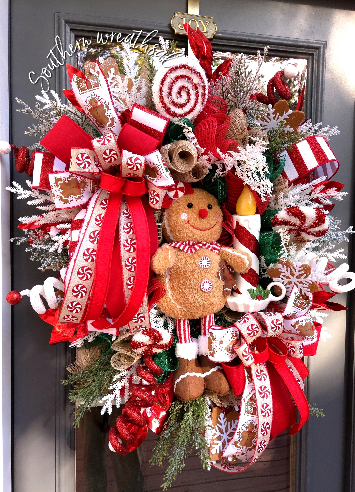 Peppermint Gingerbread Christmas Wreath w/ Light-Up Candle