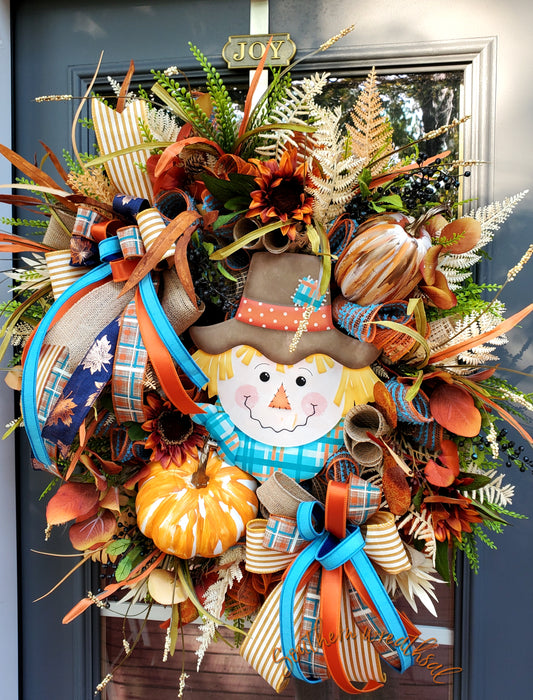 Orange & Turquoise Fall Scarecrow Whimsical Door Wreath