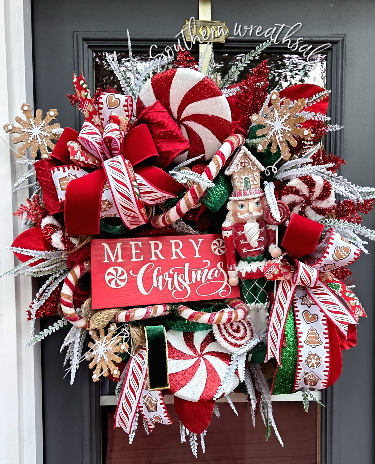 Christmas Gingerbread & Peppermint Candy Nutcracker Front Door Wreath