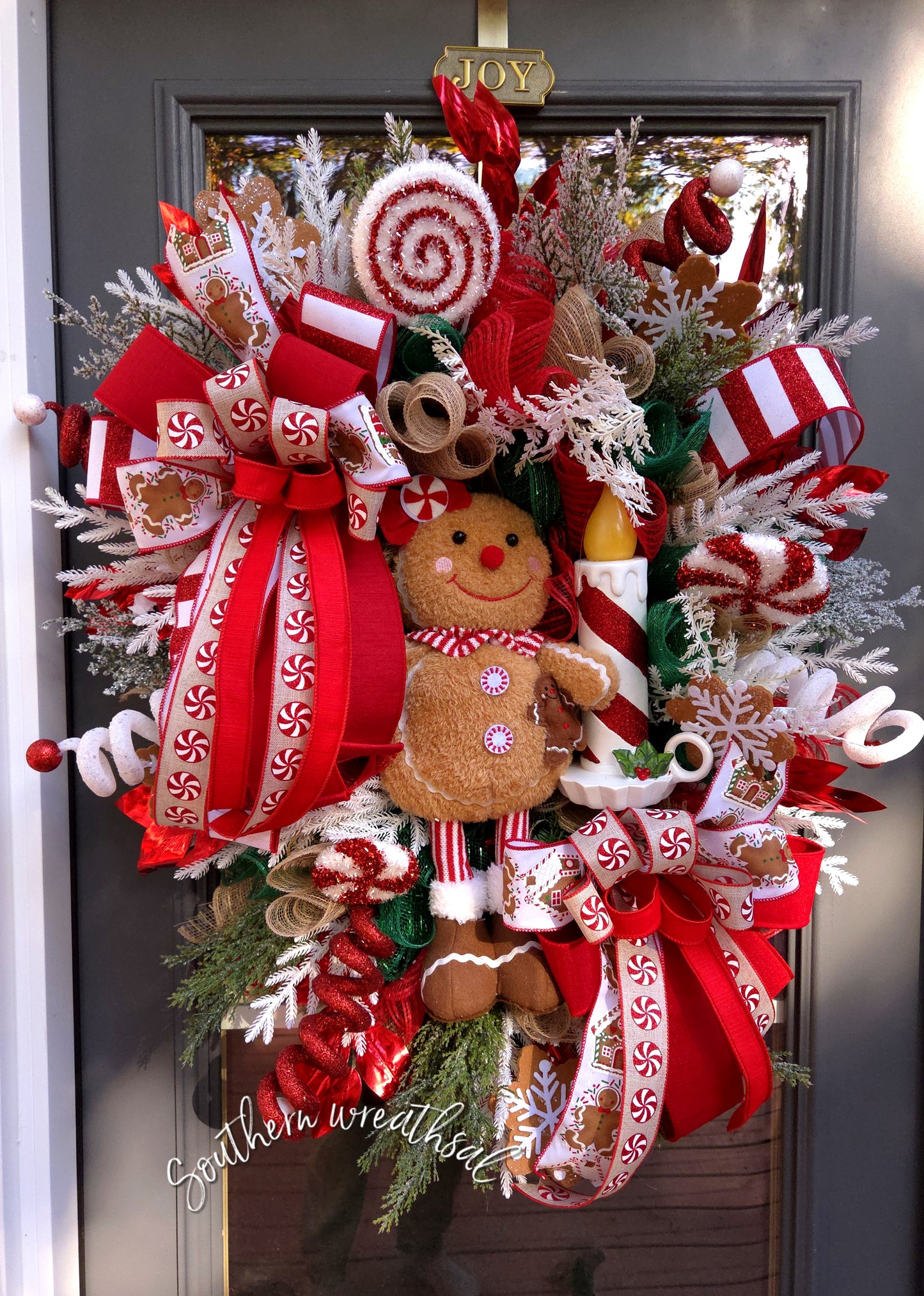 Peppermint Gingerbread Christmas Wreath w/ Light-Up Candle