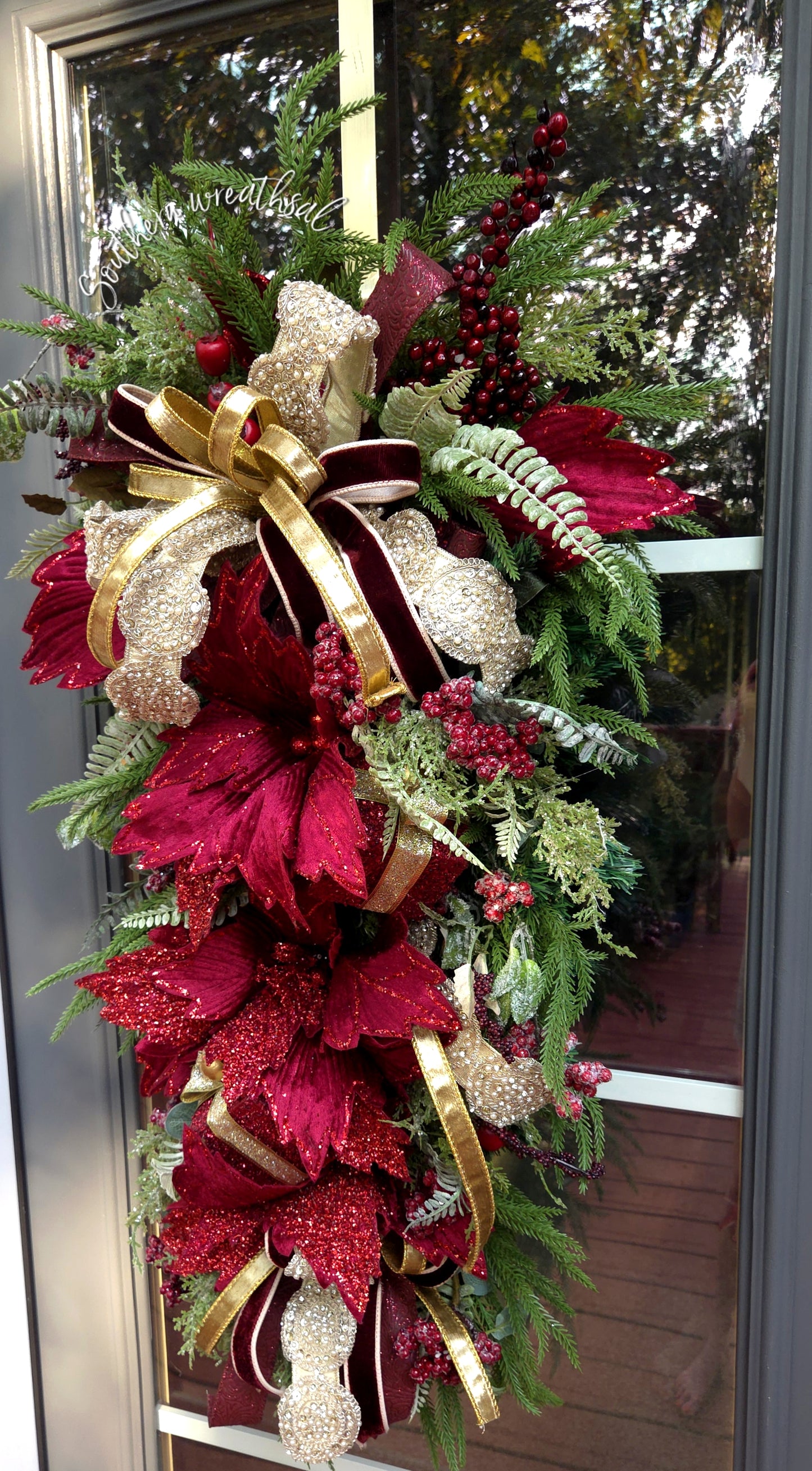 Elegant Burgundy & Gold Christmas Poinsettia Front Door Swag