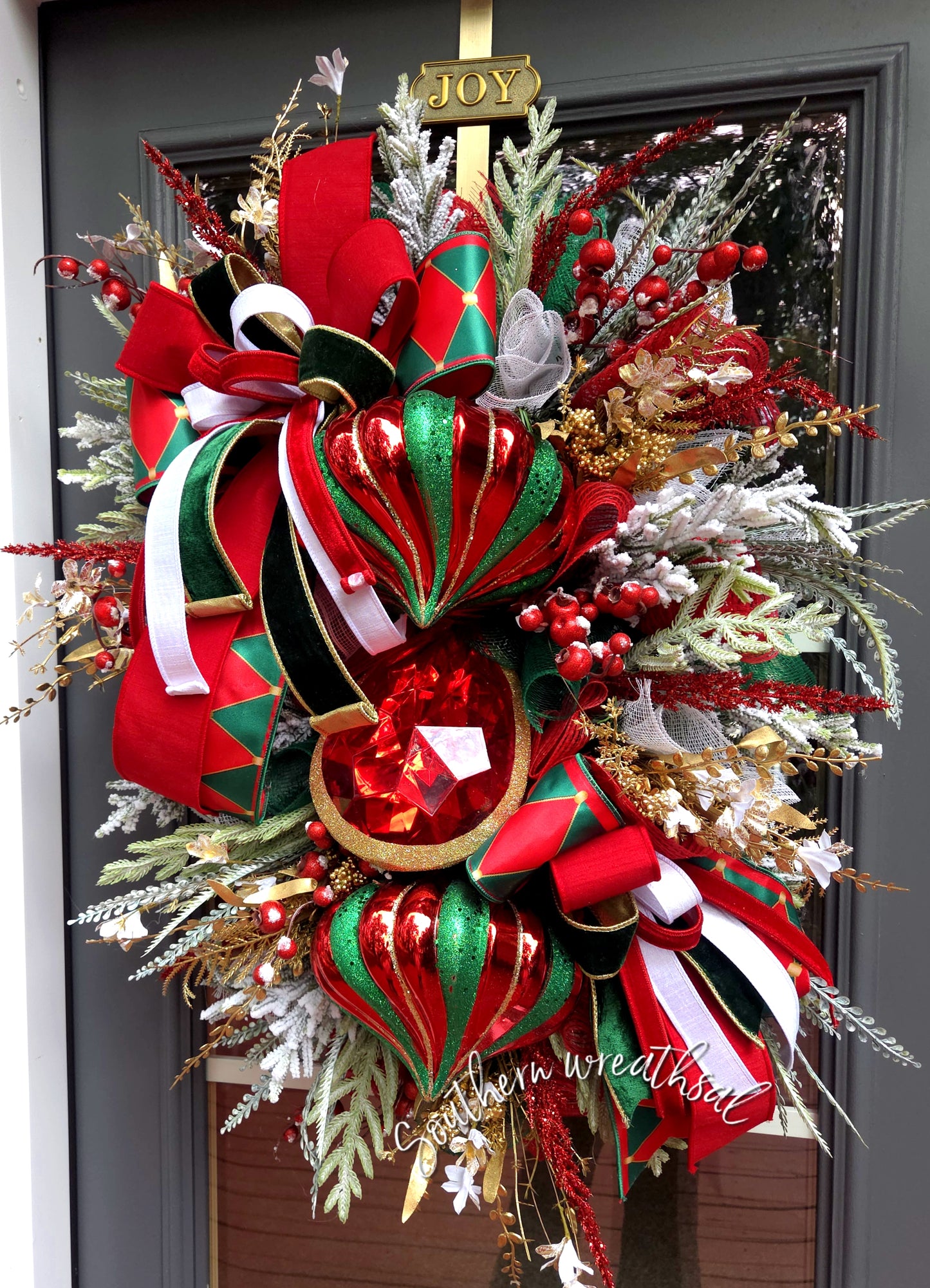 Red,Green & Gold Christmas Jewel Wreath- Holiday Finial Swag