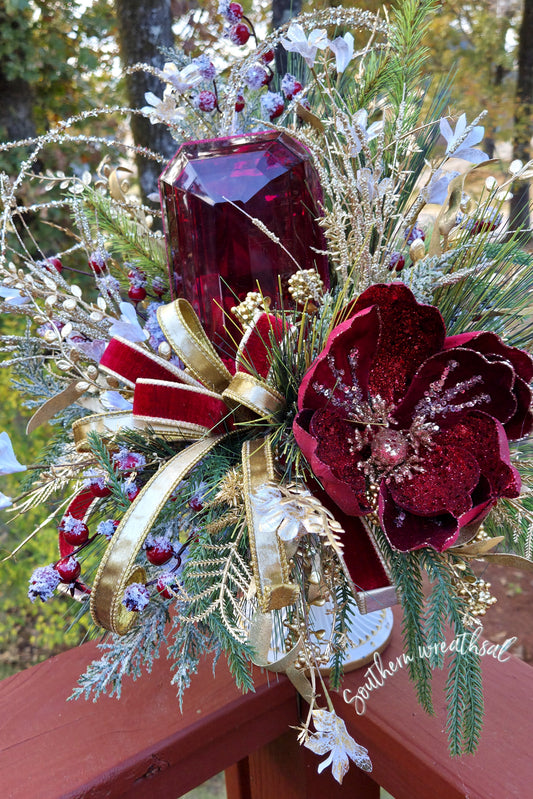 Elegant Christmas Velvet Burgundy Magnolia & Jewel Holiday Centerpiece
