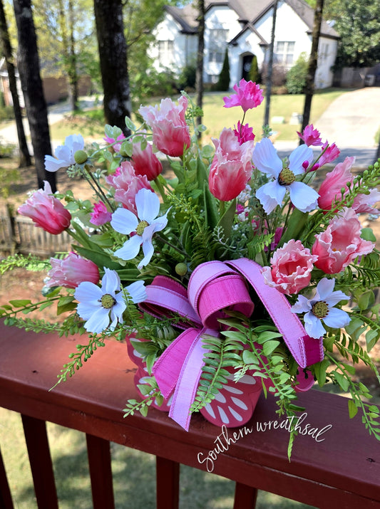 Pink Parrot Tulip Butterfly Floral Arrangement – Spring Summer Centerpiece with Designer Ribbon Bow and Lush Greenery
