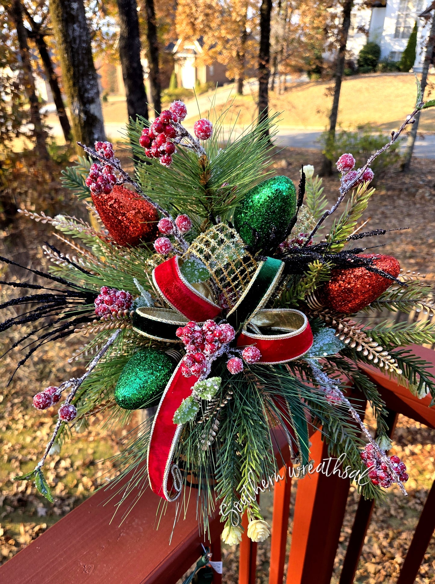 Red & Green Christms Bulbs Floral Holiday Arrangement