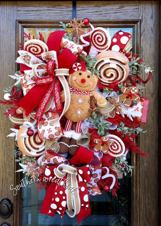 Christmas Gingerbread Girl Front Door Wreath- Peppermint Gingerbread Decor