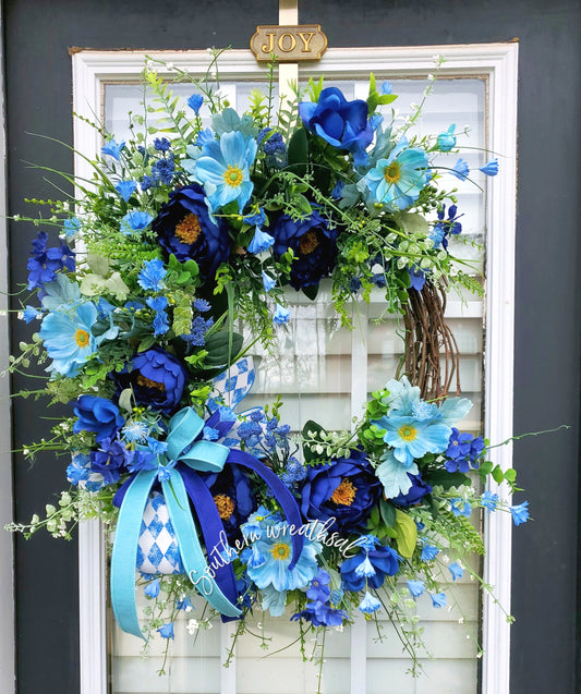 Blue Spring Peony Deluxe Door Wreath