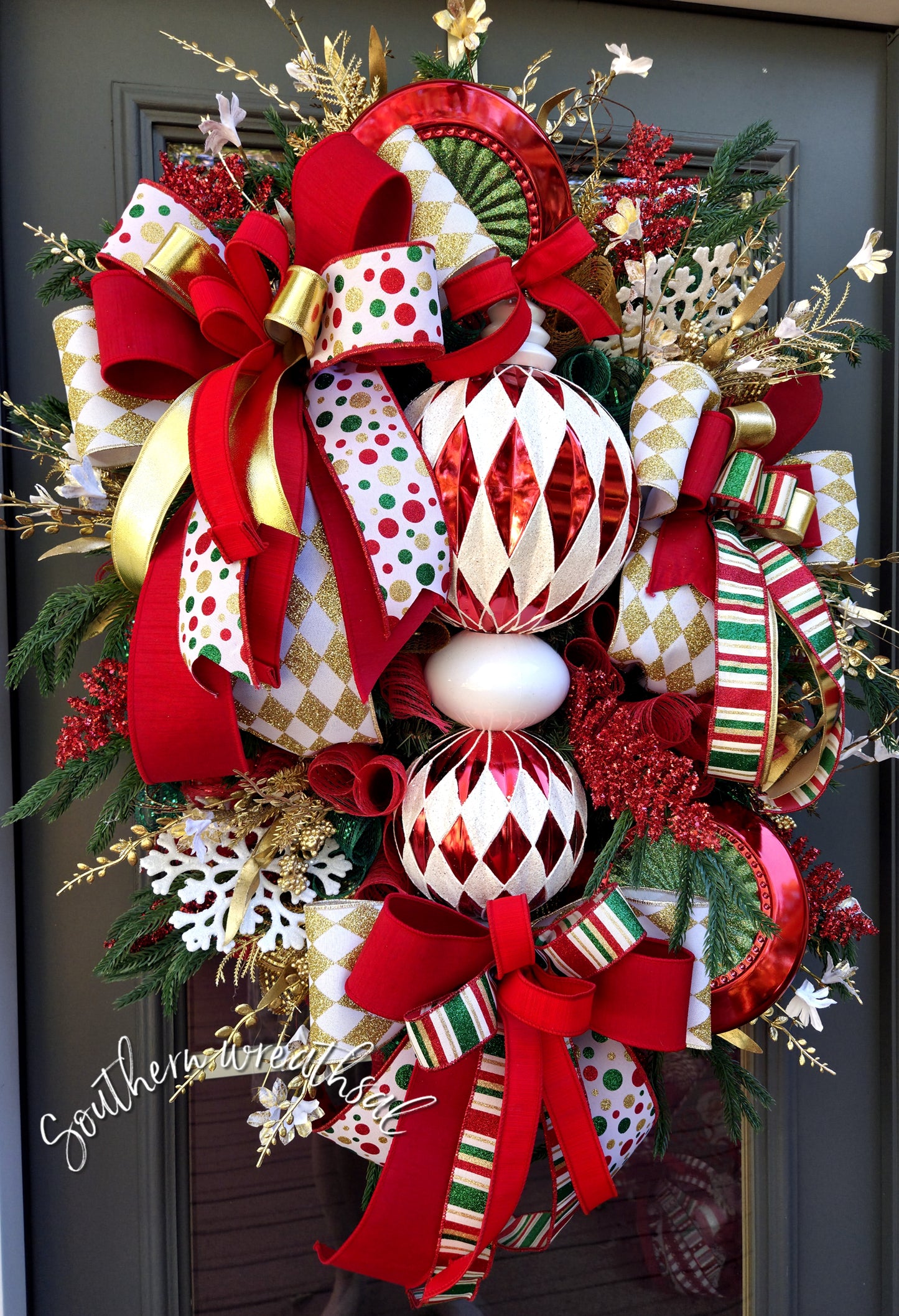 Red & White Harlequin Christmas Finial Front Door Wreath