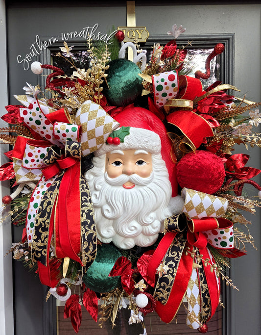 Traditional Vintage Light-Up Santa Door Wreath * Red, Green & Gold