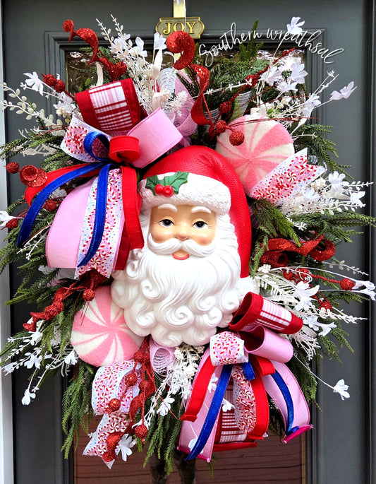 Whimsical Red & Pink Vintage Light-Up Santa Door Wreath