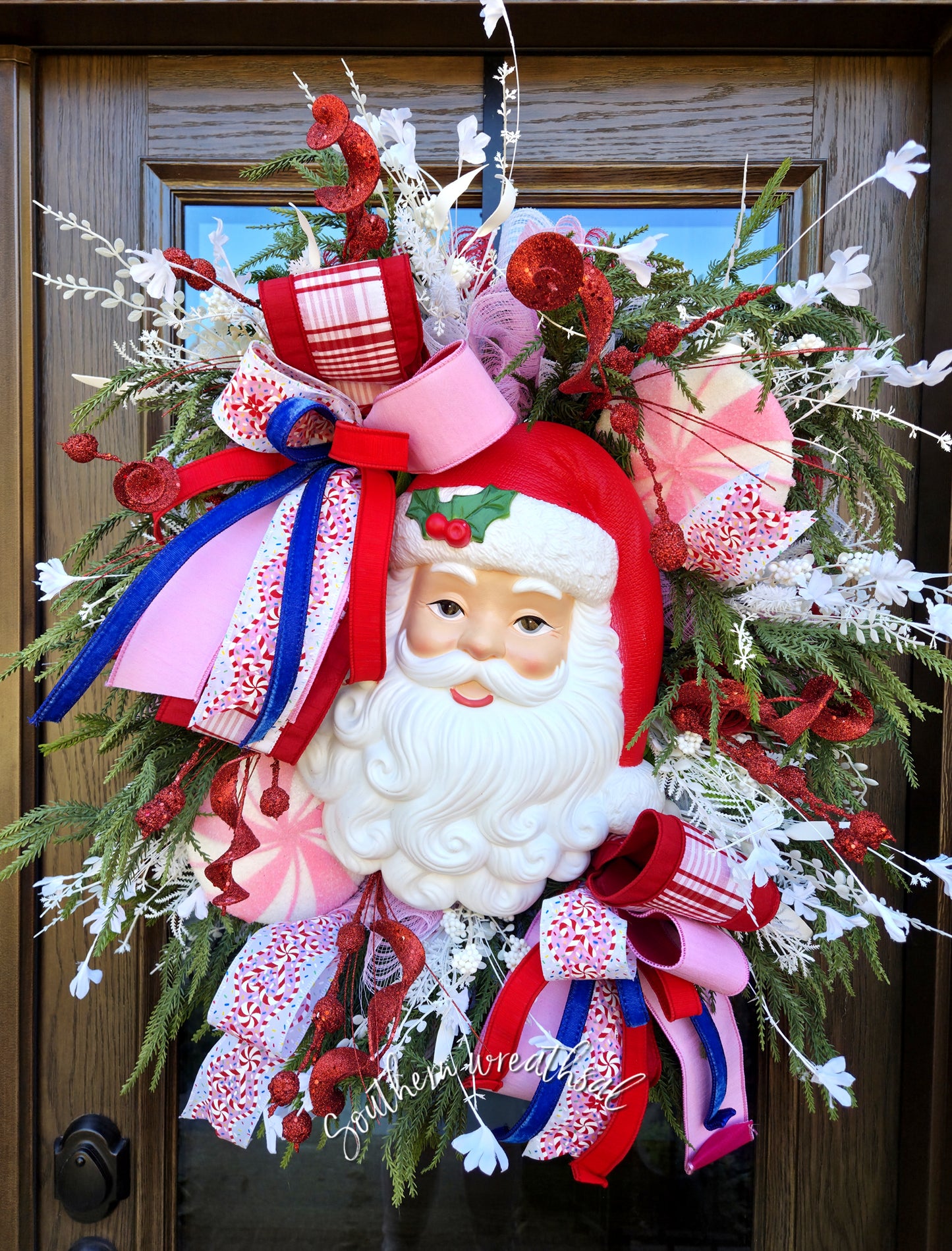 Whimsical Christmas Red & Pink Vintage Light-Up Santa Door Wreath