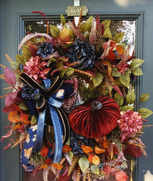 Elegant Fall Rust Velvet Pumpkin Floral Grapevine Door Wreath