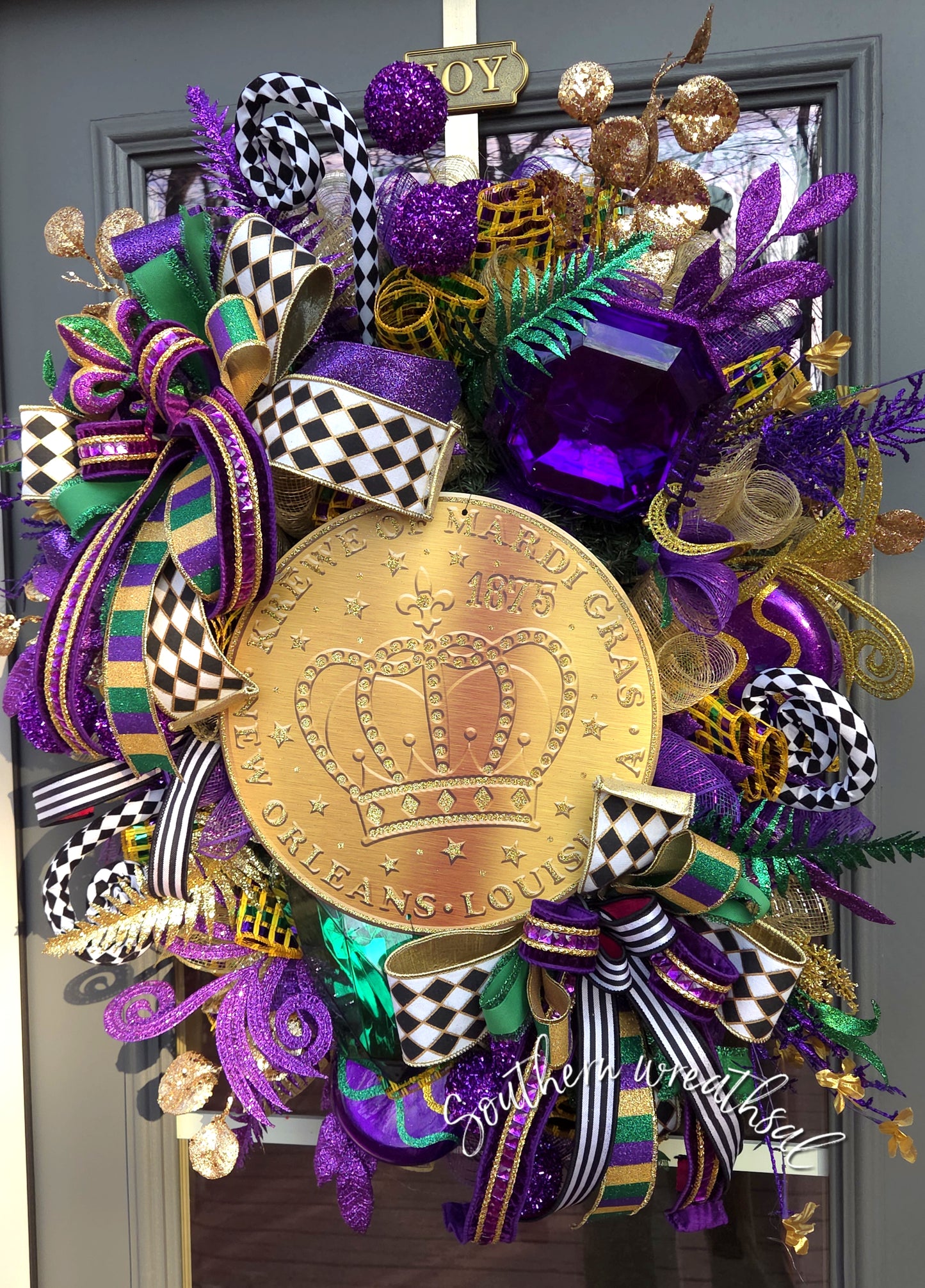 Deluxe Mardi Gras Medallion Wreath - Purple Green and Gold Mardi Gras Decor