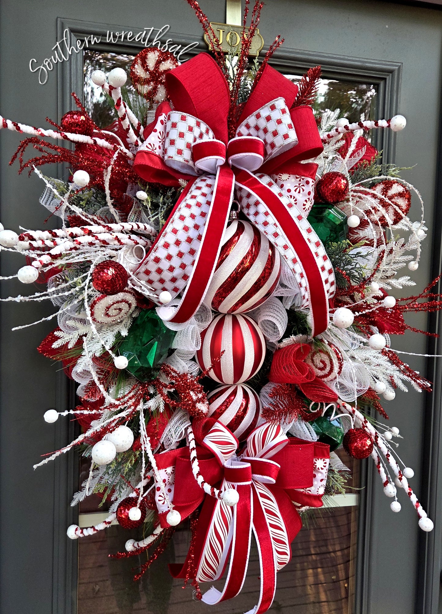 Red & White Peppermint Christmas Finial Front Door Wreath