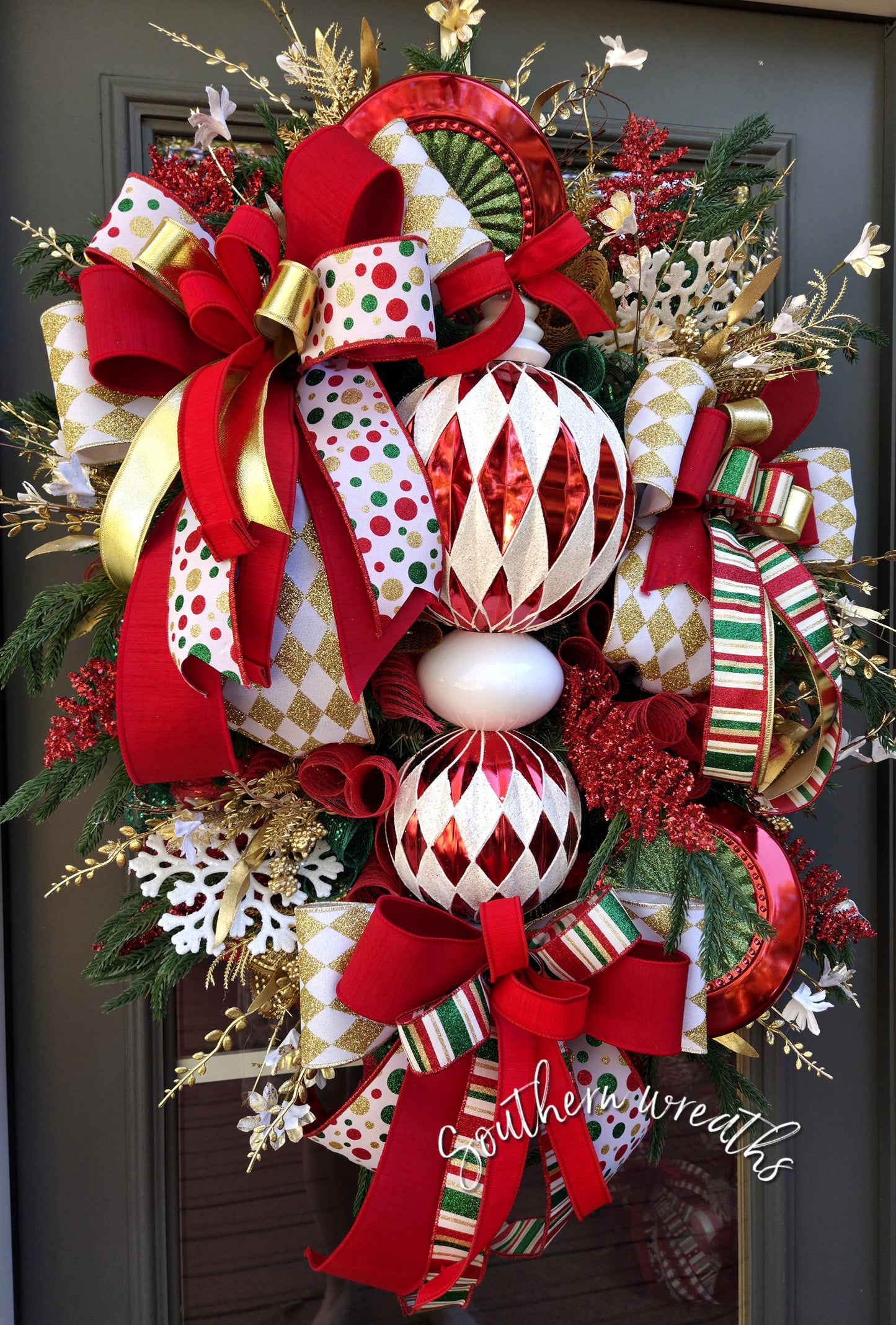 Red & White Harlequin Christmas Finial Front Door Wreath