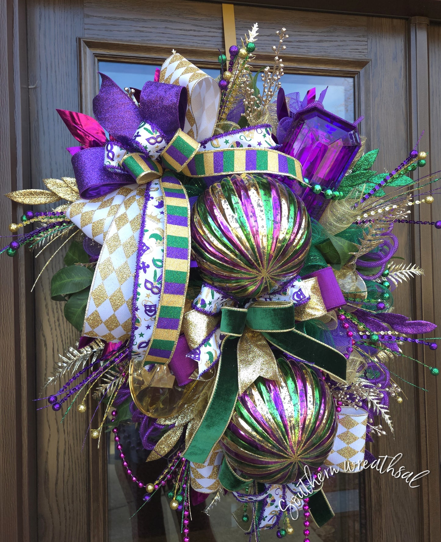 Deluxe Mardi Gras Wreath – Extra Large Purple Green Gold Door Wreath with Ornaments, Gems & Designer Bows – Front Door Carnival Decor