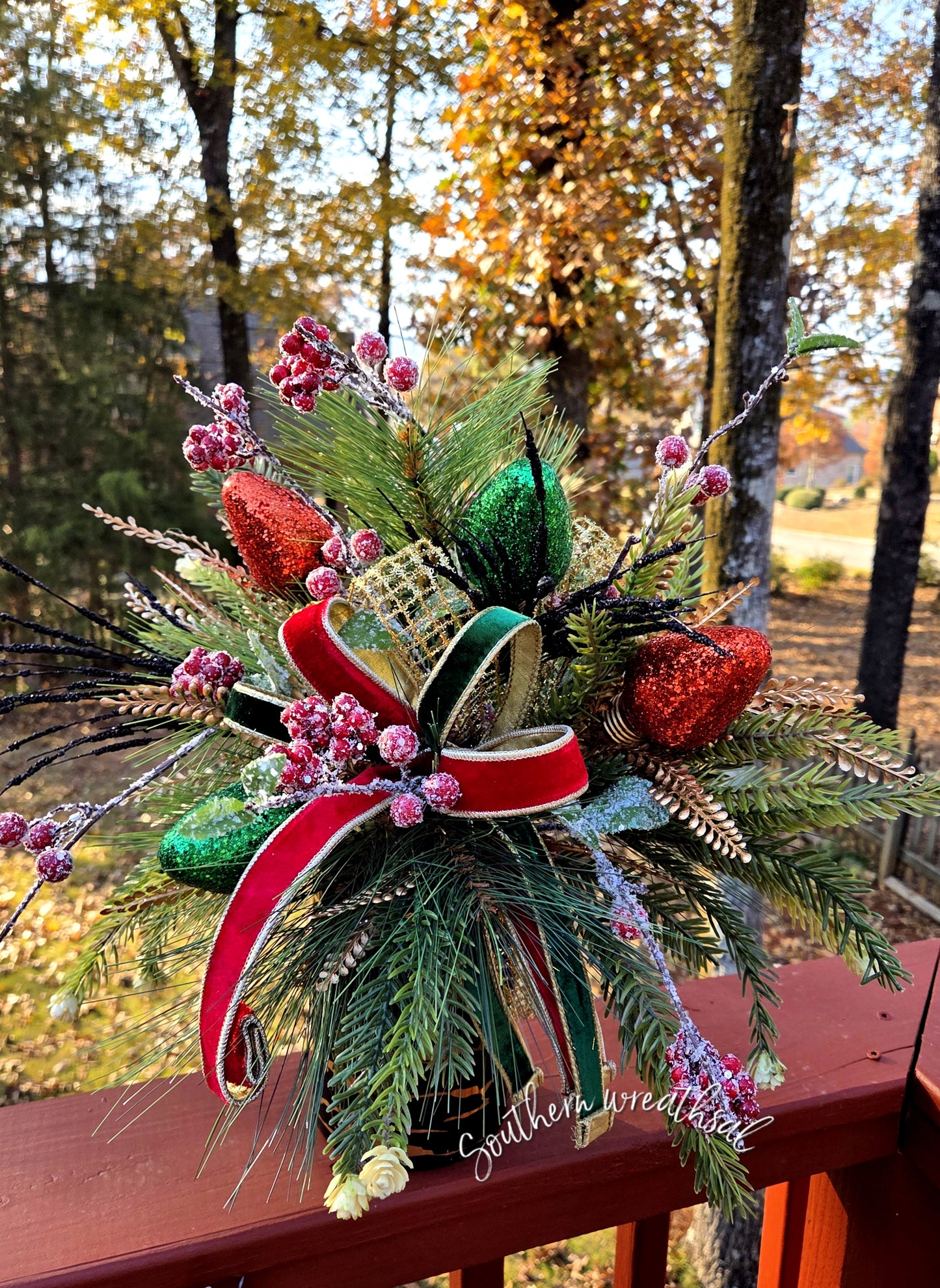 Red & Green Christms Bulbs Floral Holiday Arrangement