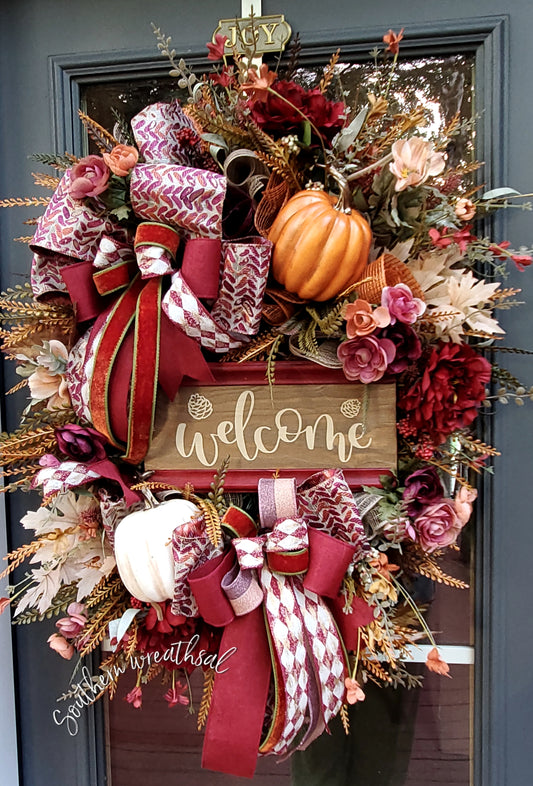 Burgundy Peony & Pumpkin Fall Door Wreath | Thanksgiving Welcome Wreath