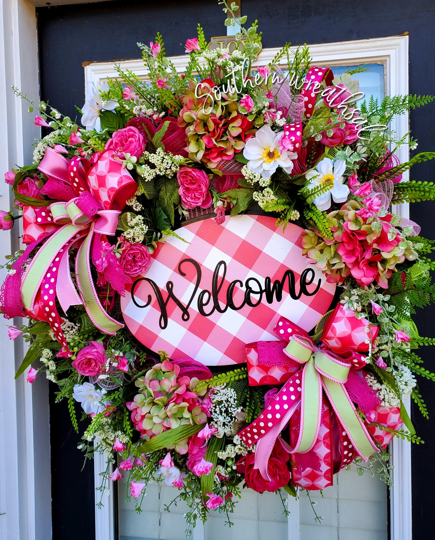 Hot Pink & Green Spring Hydrangea Front Door Wreath- Pink Plaid Welcome Wreath