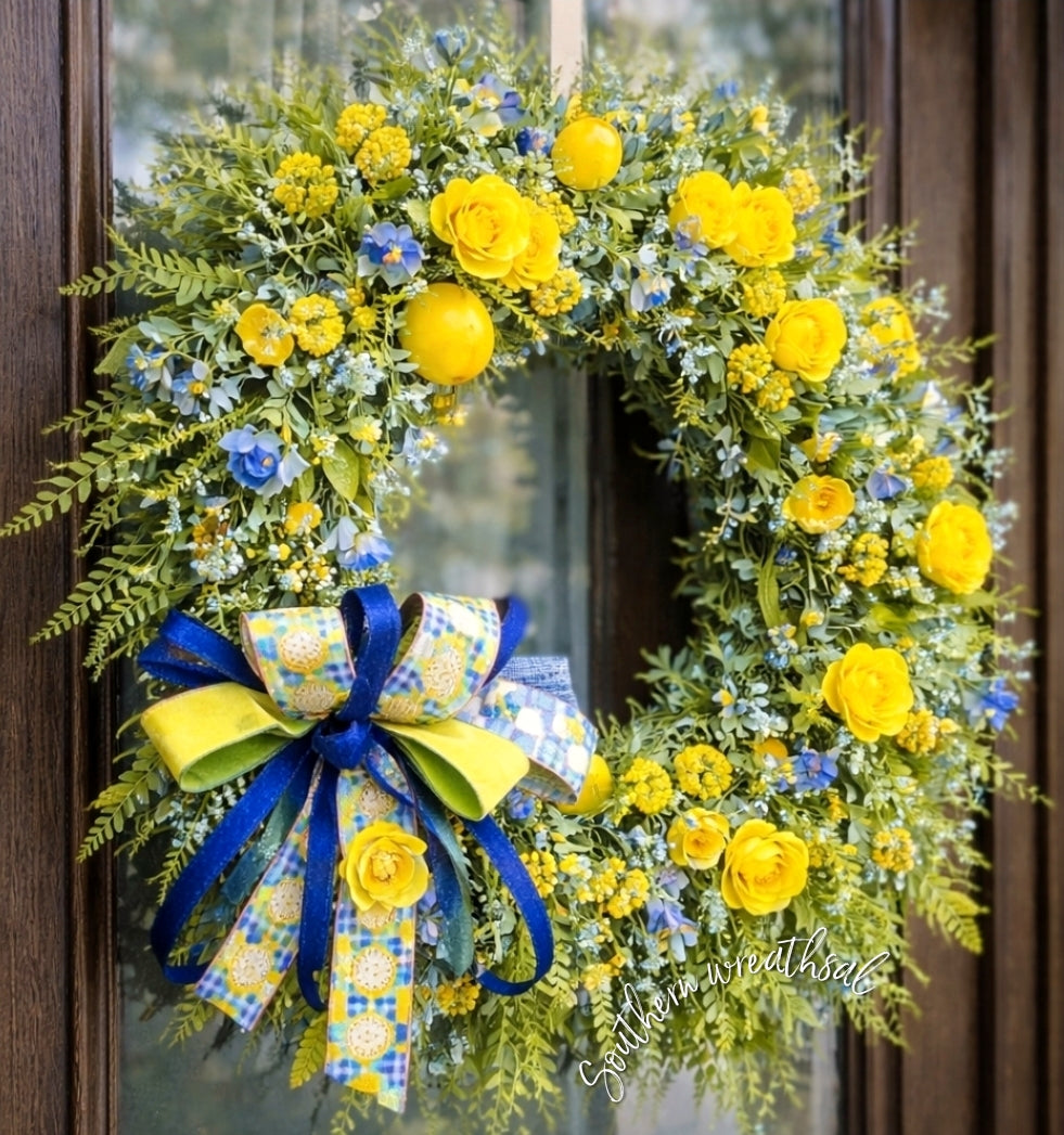 Yellow & Blue Summer Lemon Floral GreeneryDoor  Wreath