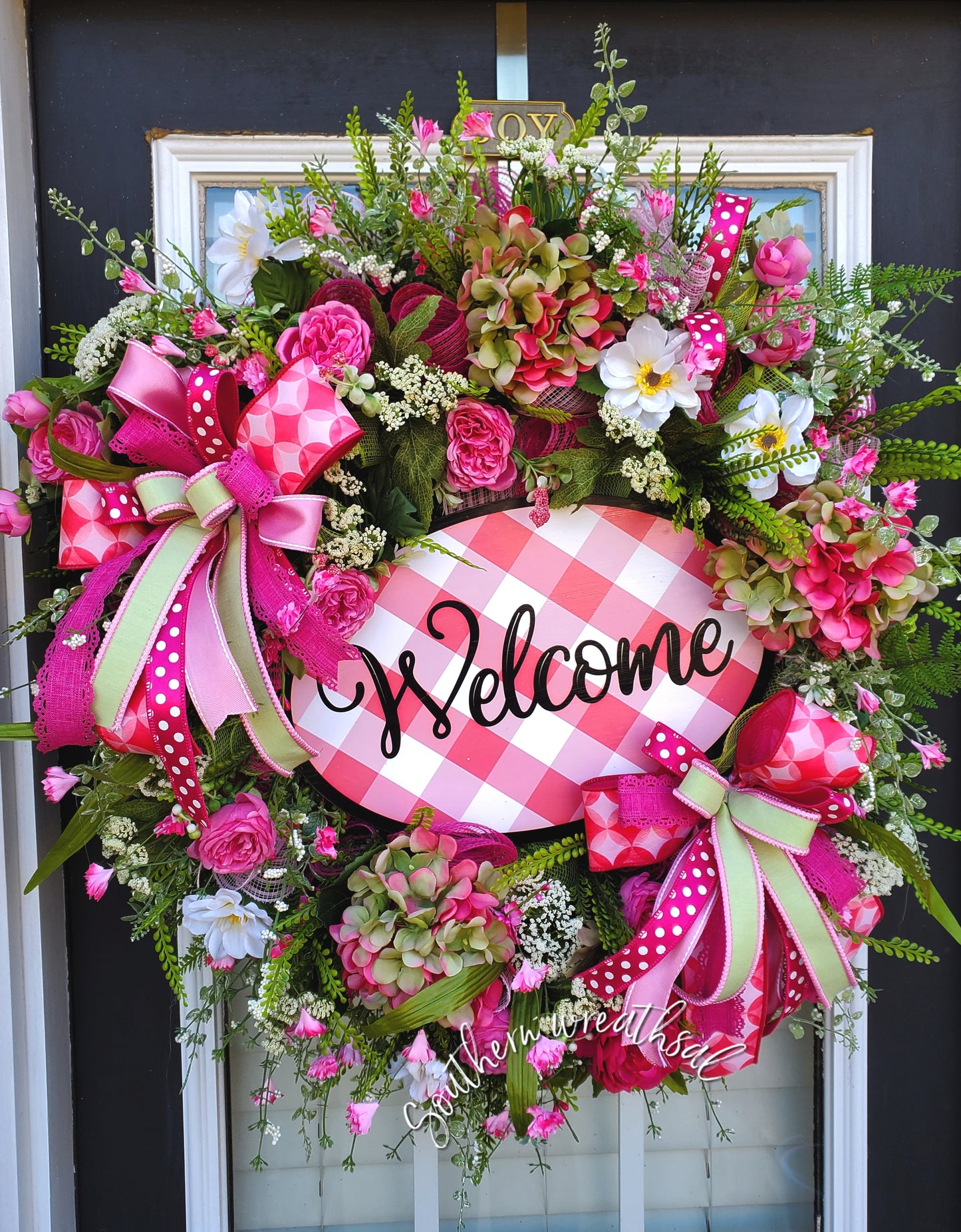 Hot Pink & Green Spring Hydrangea Front Door Wreath- Pink Plaid Welcome Wreath