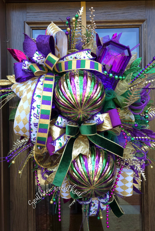 Deluxe Mardi Gras Wreath – Extra Large Purple Green Gold Door Wreath with Ornaments, Gems & Designer Bows – Front Door Carnival Decor