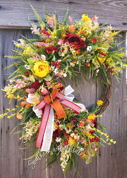 Red and Yellow Peony Spring Grapevine Wreath