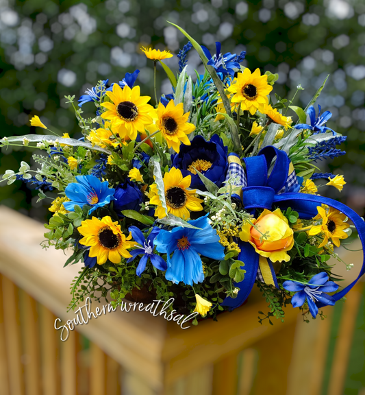 Summer Peony Blue and Yellow Dough Bowl Arrangement