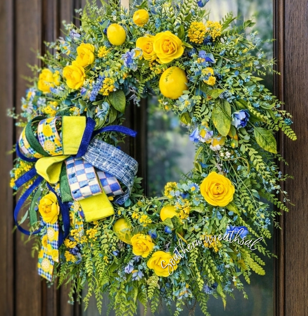 Yellow & Blue Summer Lemon Floral GreeneryDoor  Wreath