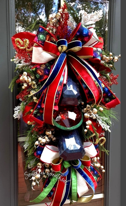 Jeweled Christmas Red,Blue and Green Christmas Front Door Wreath
