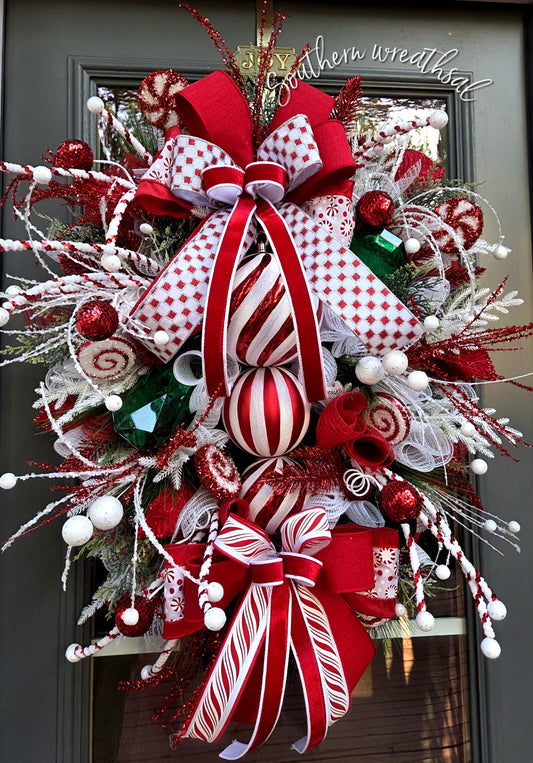 Red & White Peppermint Christmas Finial Front Door Wreath