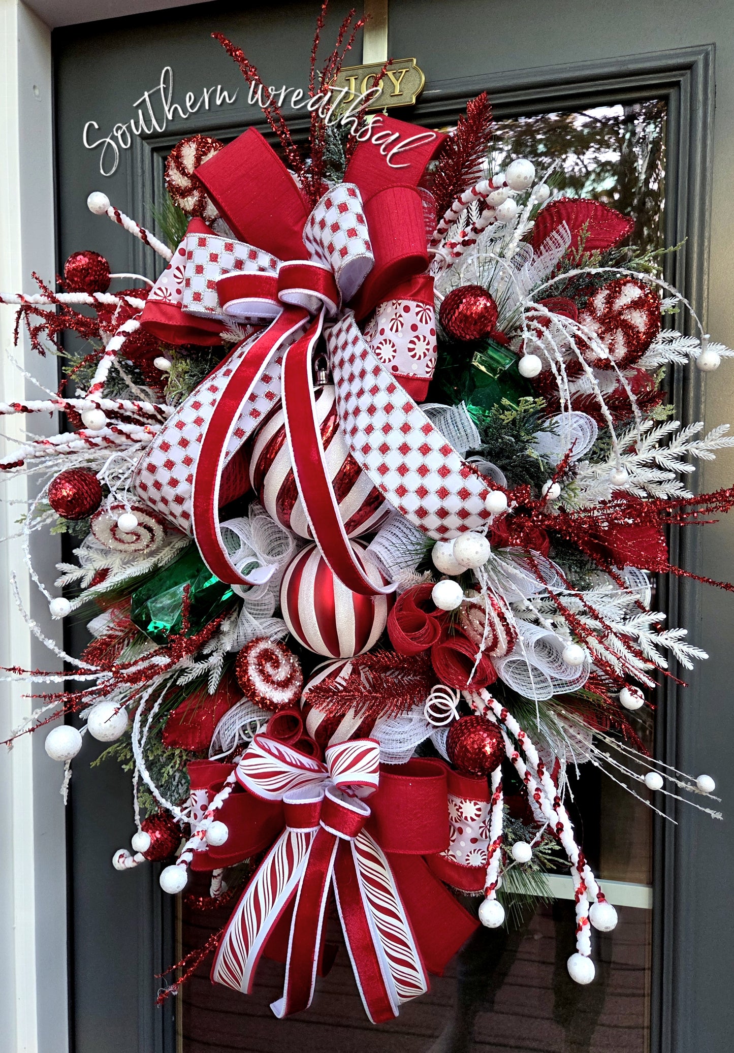 Red & White Peppermint Christmas Finial Front Door Wreath