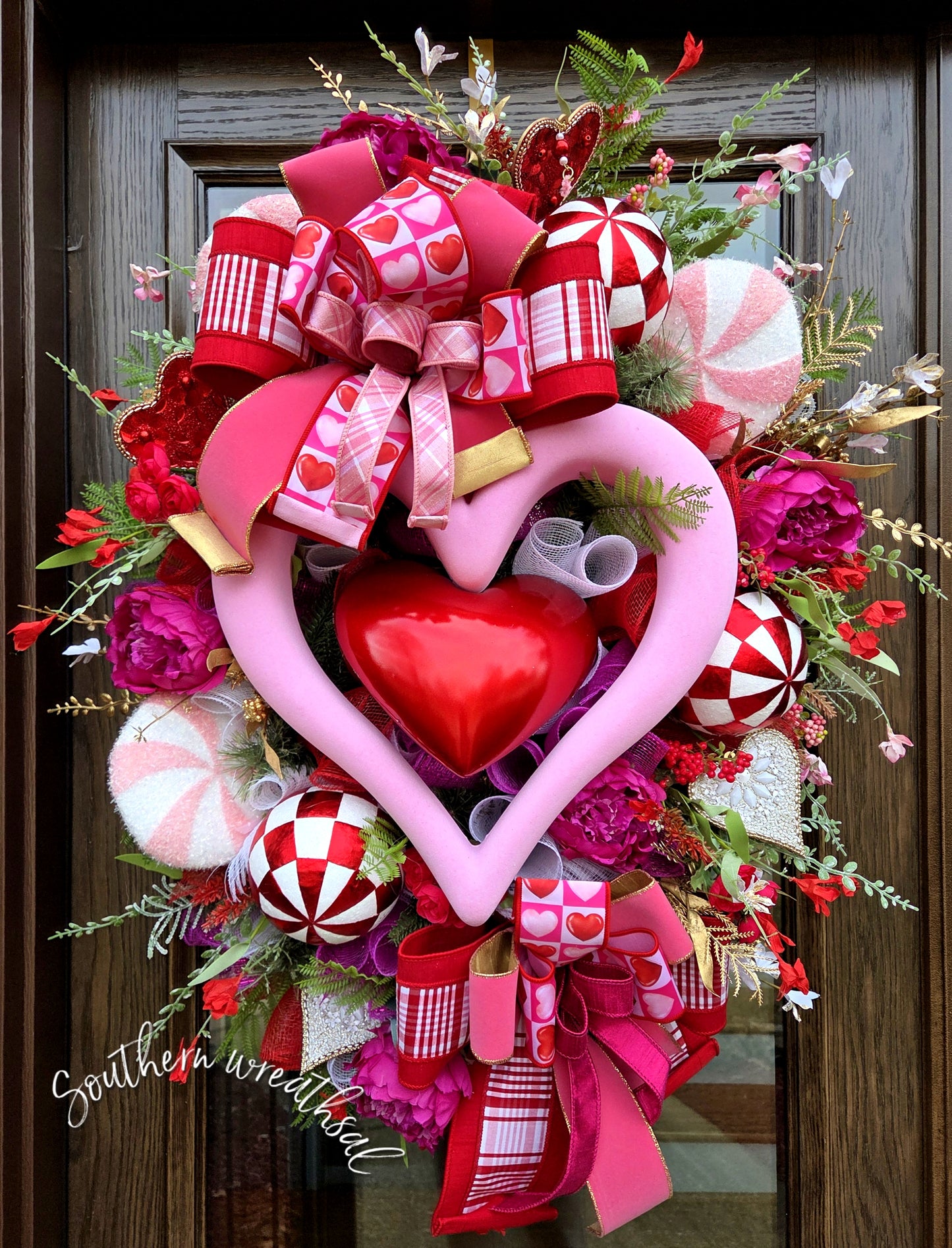 Deluxe Valentine Heart Wreath, Pink & Red Heart Door Decor, Luxury Designer Valentine Wreath