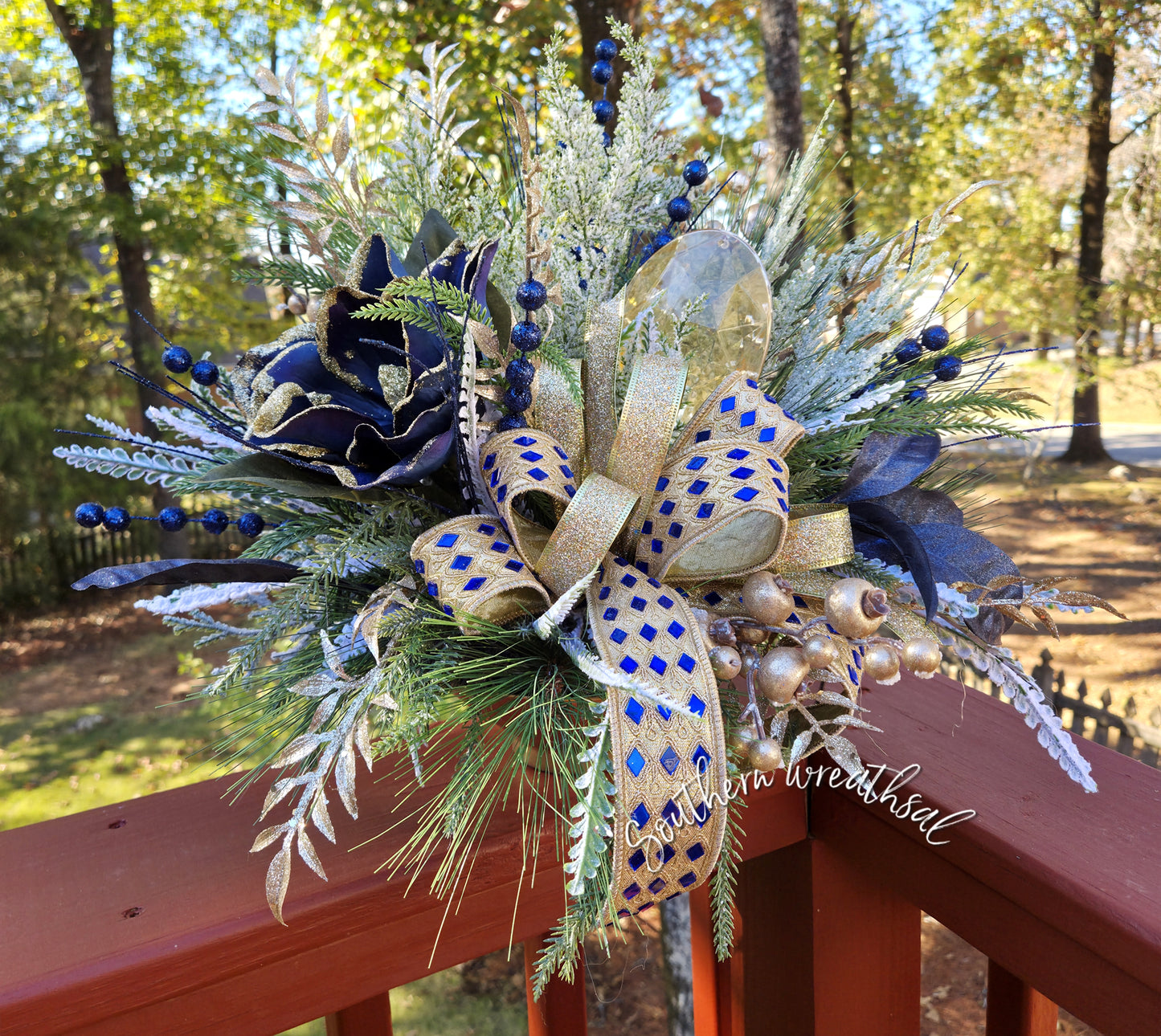 Elegant Blue Magnolia & Gold Jewel Christmas Centerpiece