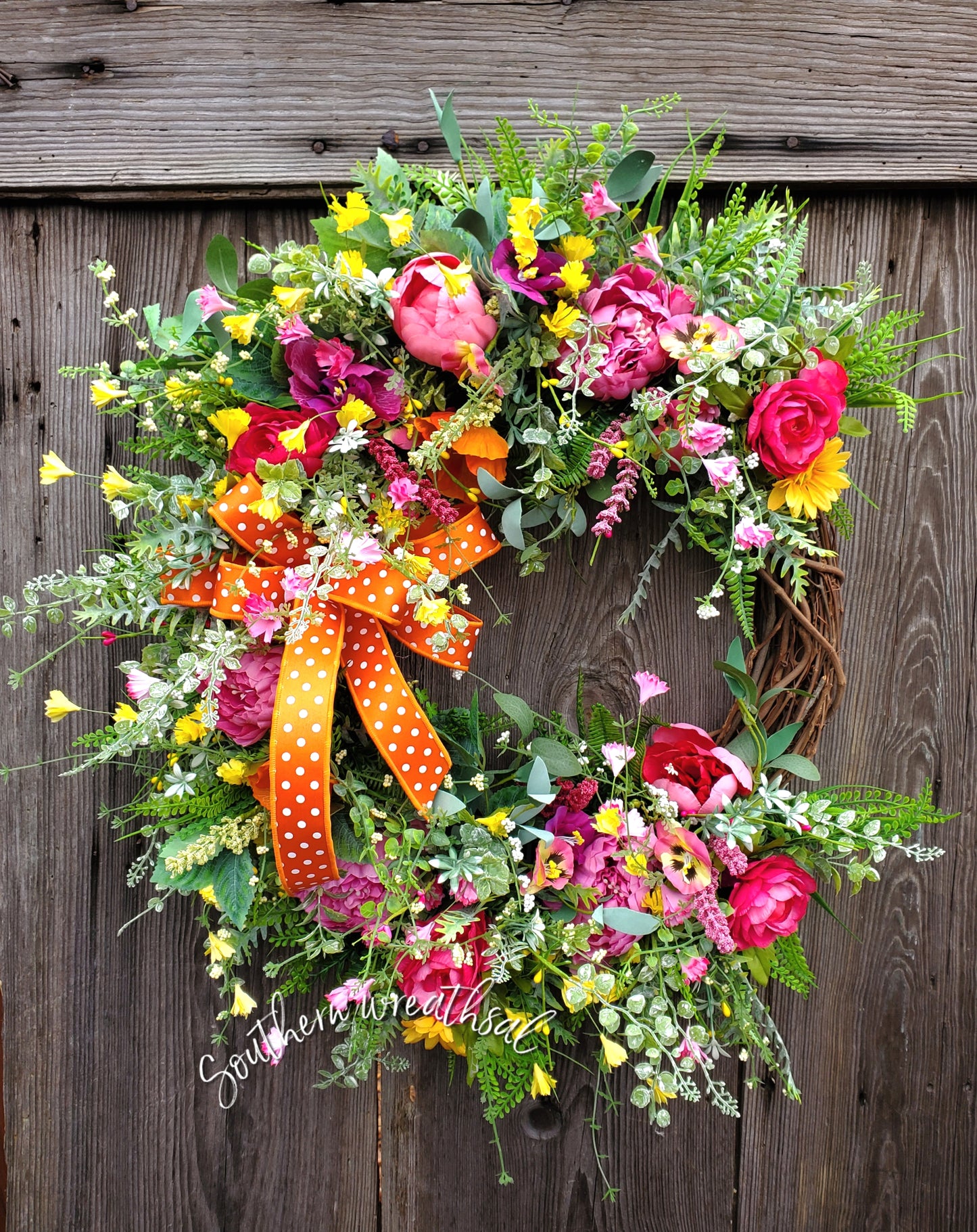 Spring Pink Peony Wildflower Grapevine Door Wreath