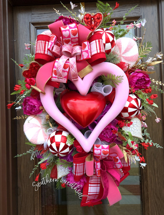 Deluxe Valentine Heart Wreath, Pink & Red Heart Door Decor, Luxury Designer Valentine Wreath
