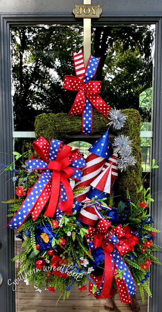 Patriotic Fireworks Summer Moss Door Wreath