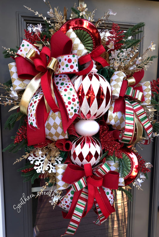 Red & White Harlequin Christmas Finial Front Door Wreath