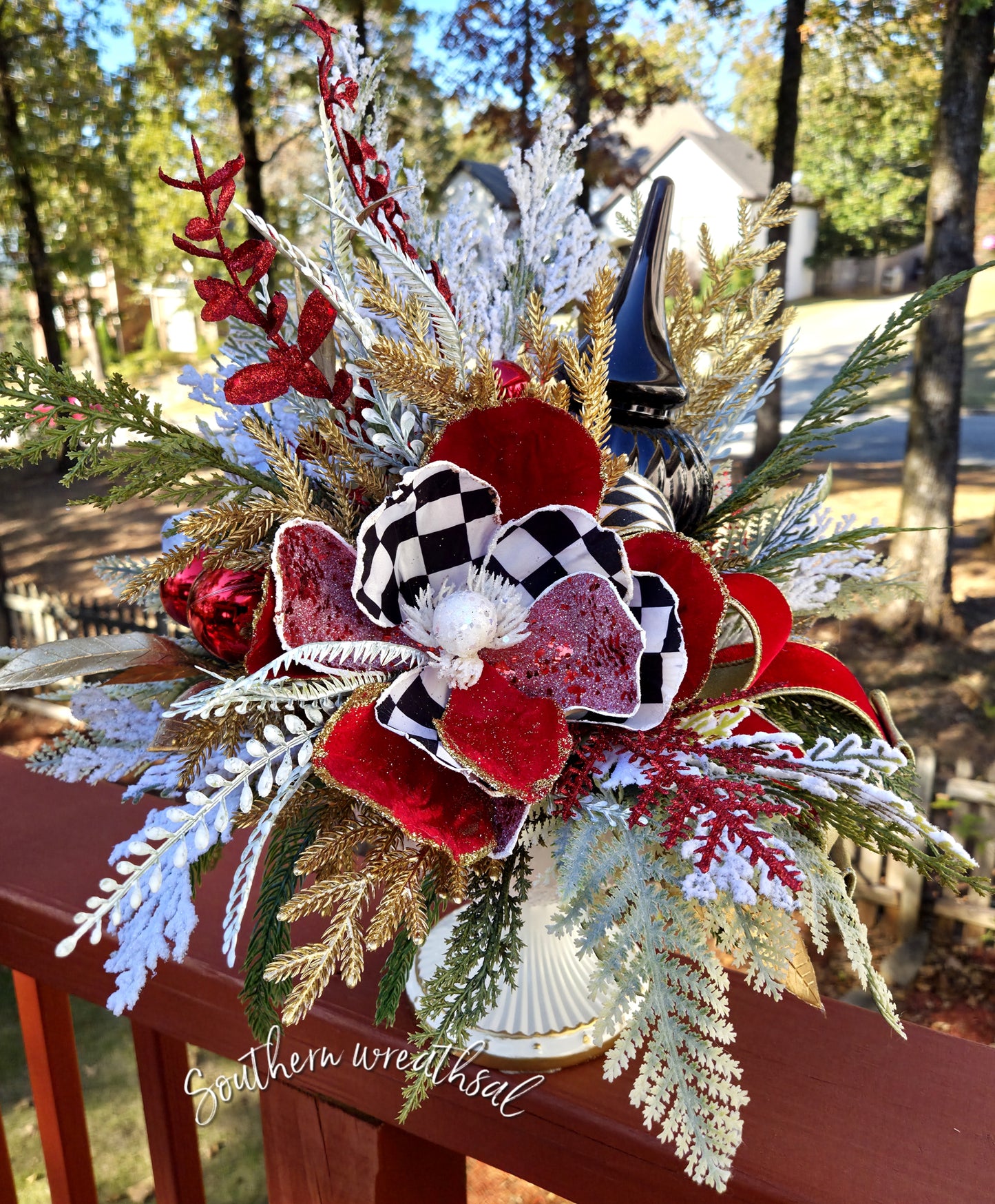 Red Velvet Harlequin Magnolia Christmas Floral Arrangement