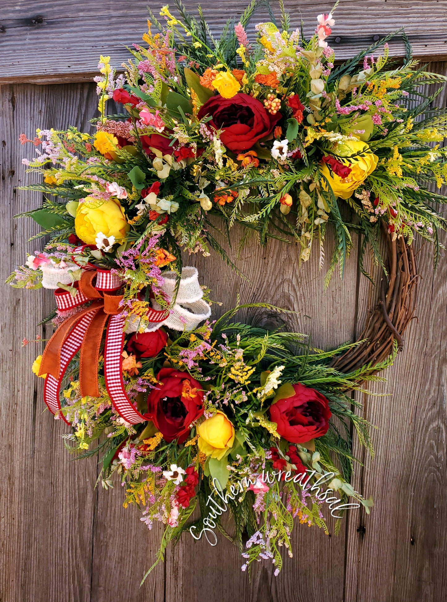 Red and Yellow Peony Spring Grapevine Wreath