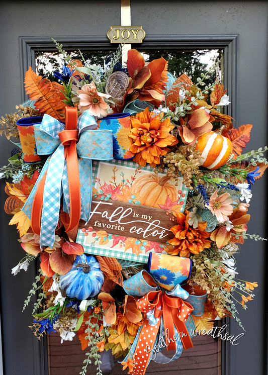Fall Teal & Orange Pumpkin Door Wreath- Fall is my Favorite Color