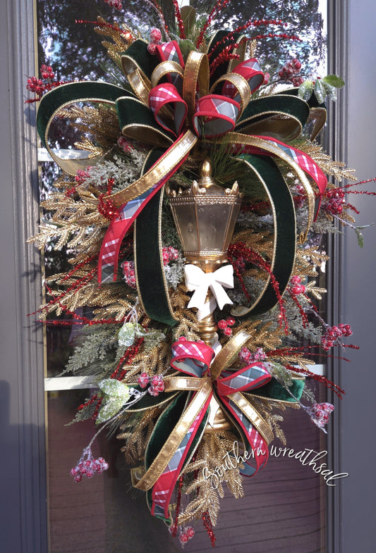 Elegant Christmas Gold, Red & Green Light Post Door Wreath