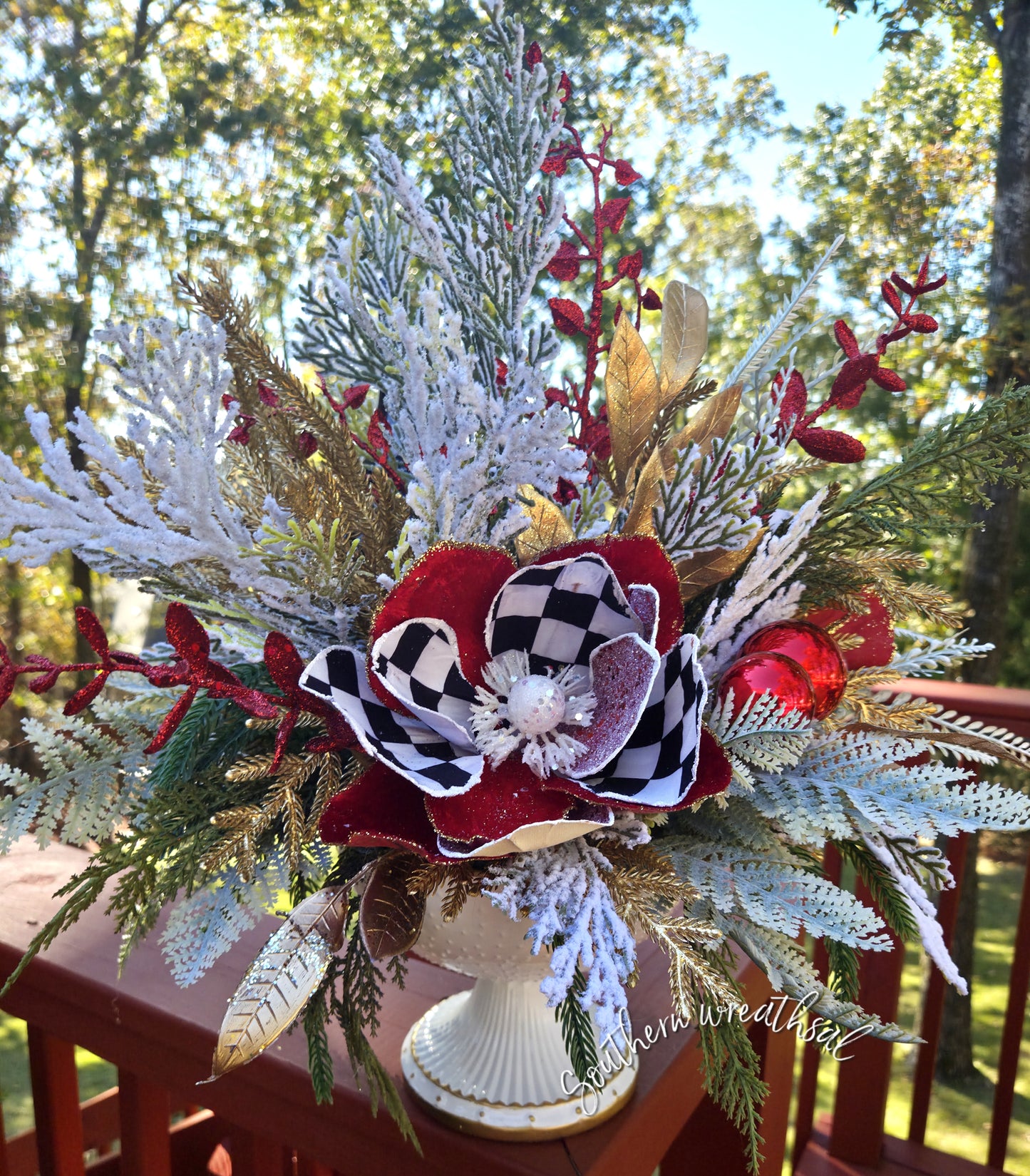 Red Velvet Harlequin Magnolia Christmas Floral Arrangement