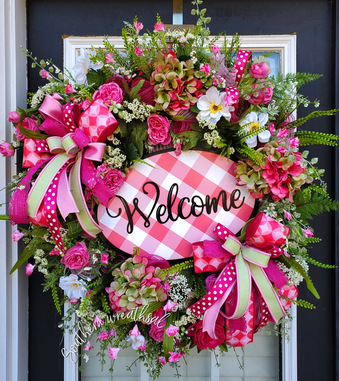 Hot Pink & Green Spring Hydrangea Front Door Wreath- Pink Plaid Welcome Wreath
