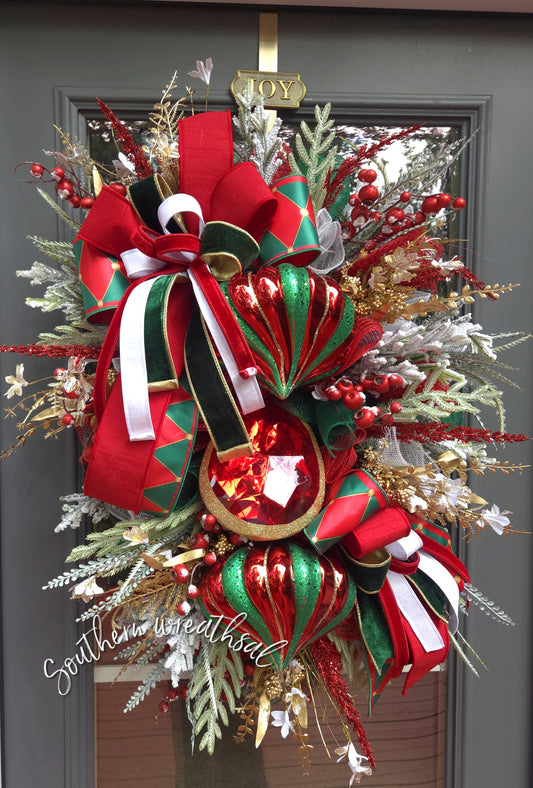 Red,Green & Gold Christmas Jewel Wreath- Holiday Finial Swag