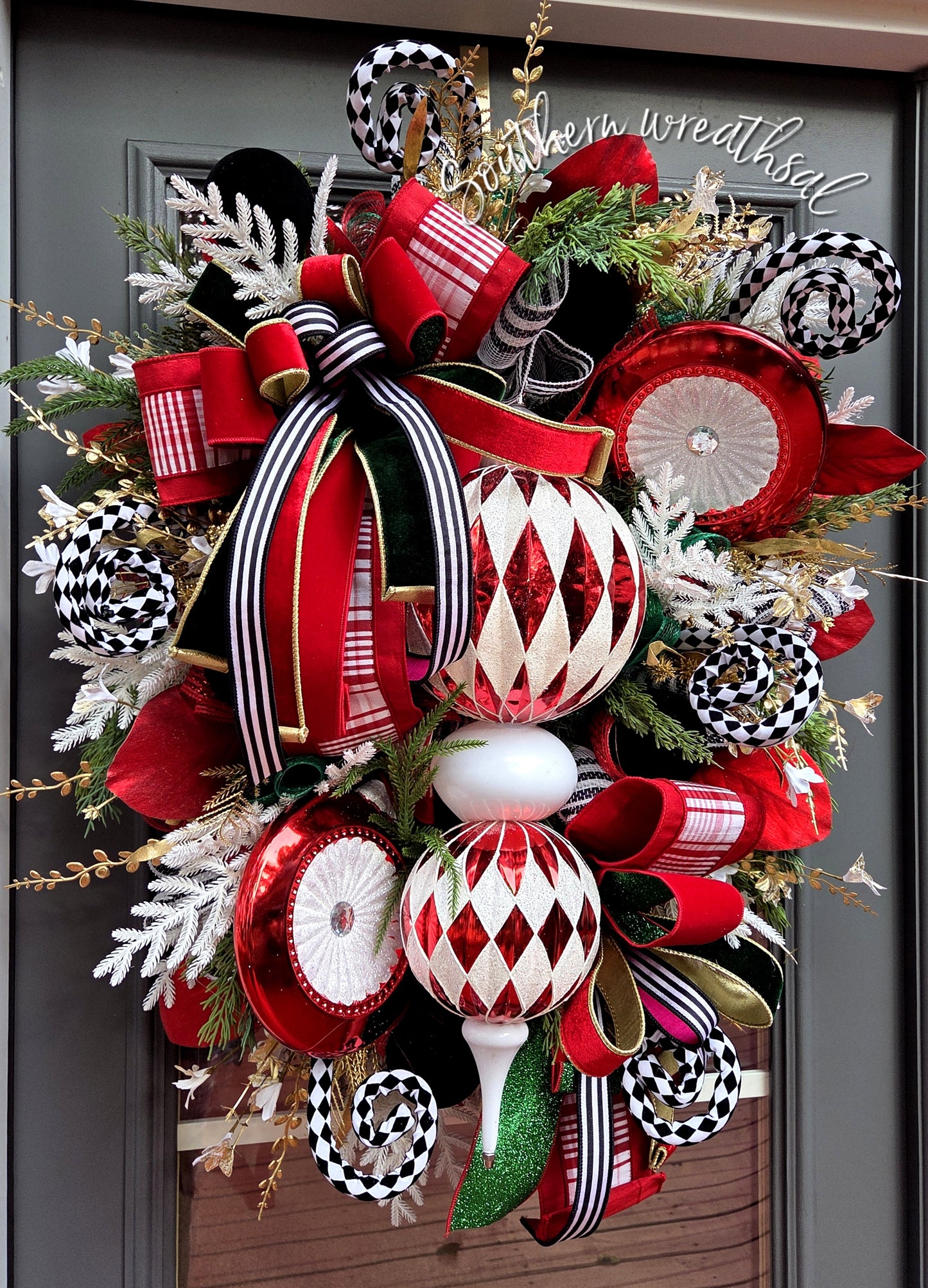 Red & White Christmas Finial Front Door Wreath - Deluxe