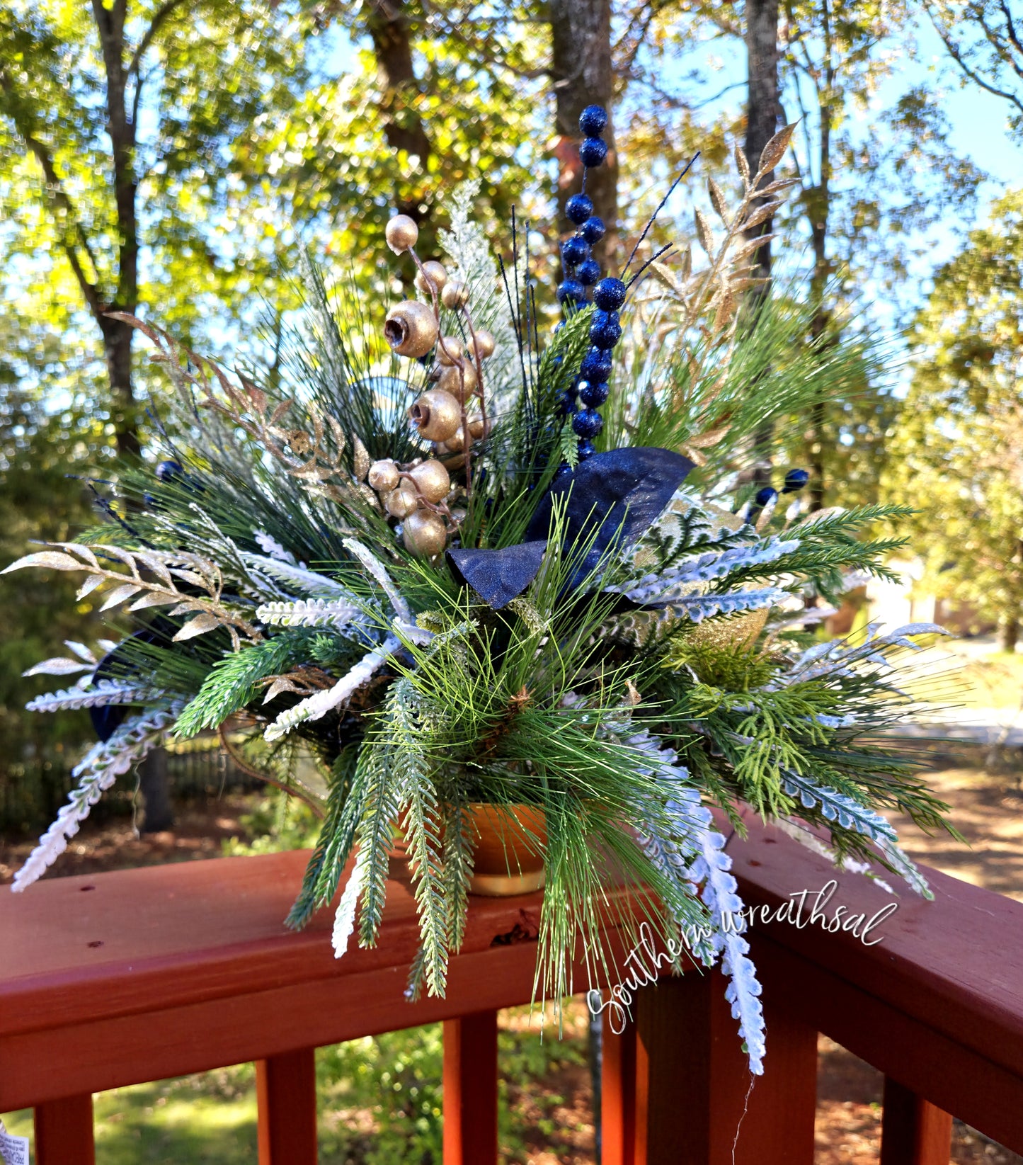 Elegant Blue Magnolia & Gold Jewel Christmas Centerpiece